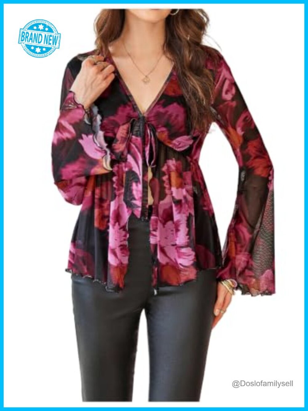 Women's Plus Size Boho Bell Sleeve Peplum Floral Mesh Blouse